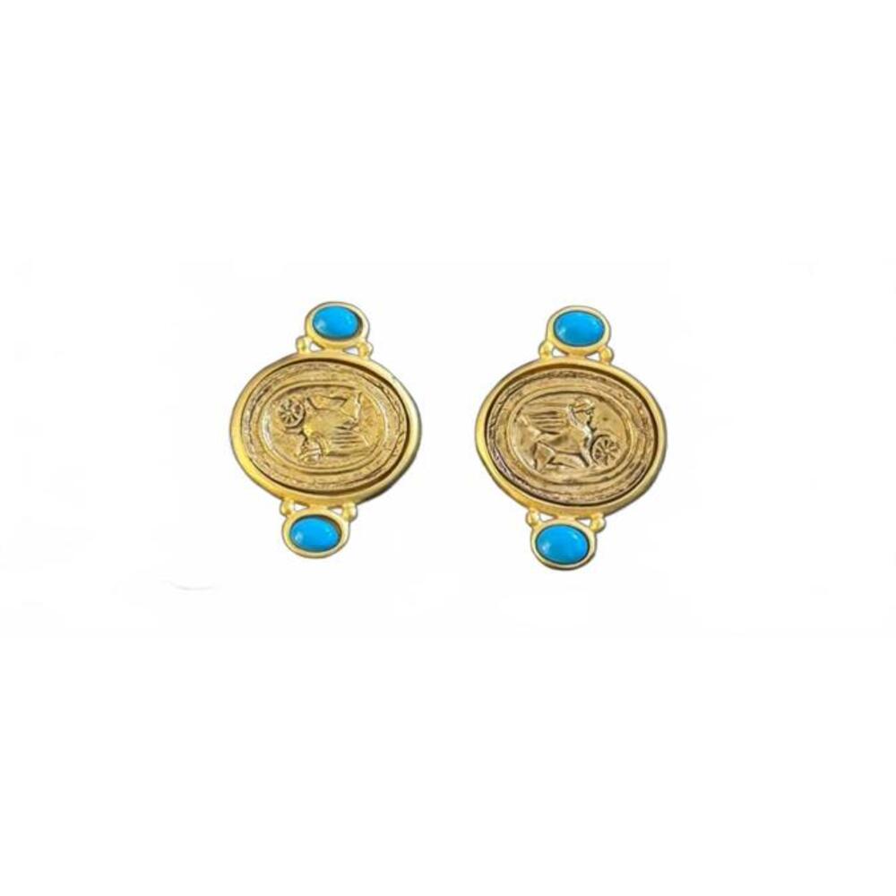 Gold-Toned Roman Stamped Leslie Block Clip on Earring Set with Turquoise Accents